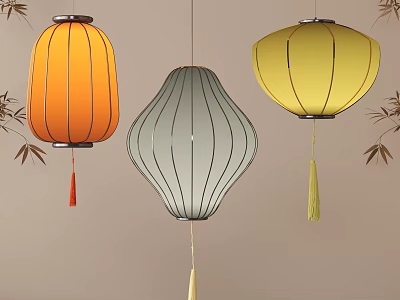 Traditional Colorful Hanging Lanterns In Various Shapes With Bamboo Leaves And Tassels 3d model