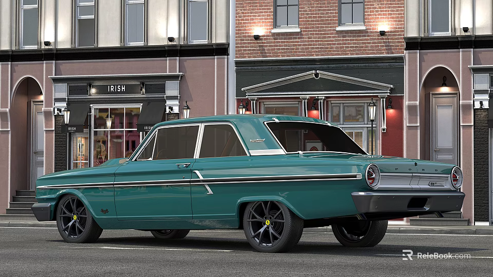 Teal Classic Car With Custom Wheels Parked On Urban Street Near Brick Buildings 3d model 