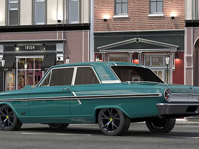 Teal Classic Car With Custom Wheels Parked On Urban Street Near Brick Buildings 3d model