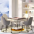 Modern Entertainment Table Interior Design With Four Gray Chairs And Dried Plant Vase