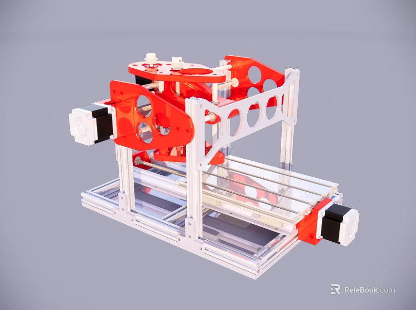 Red And White Industrial Equipment Metal Frame With Circular Holes And Mechanical Components On Workbench 3d model 