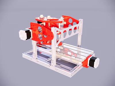 Red And White Industrial Equipment Metal Frame With Circular Holes And Mechanical Components On Workbench 3d model