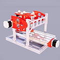 Red And White Industrial Equipment Metal Frame With Circular Holes And Mechanical Components On Workbench