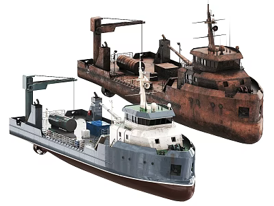 Two Different Designed Ships With Cranes Wheelhouses And Deck Equipment 3d model