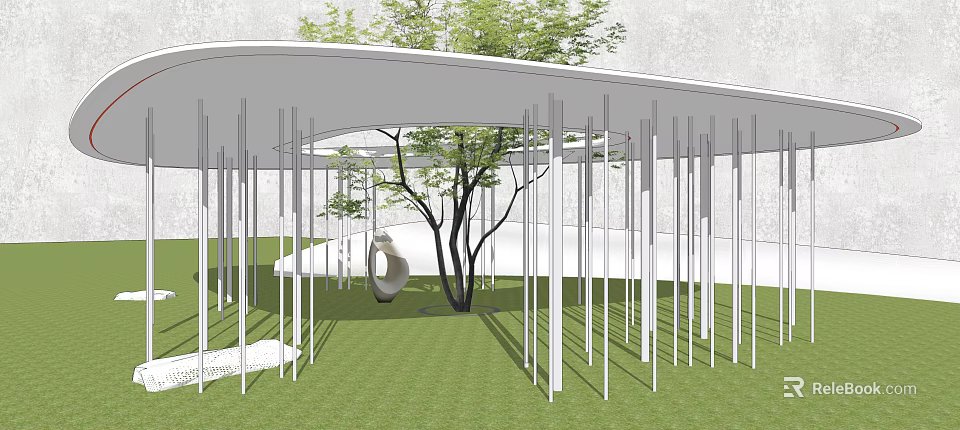 Contemporary Garden Landscape Featuring White Curved Structure Pillars Large Tree And Green Lawn 3d model 