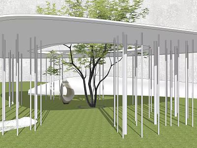 Contemporary Garden Landscape Featuring White Curved Structure Pillars Large Tree And Green Lawn 3d model