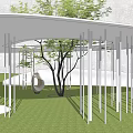 Contemporary Garden Landscape Featuring White Curved Structure Pillars Large Tree And Green Lawn