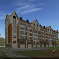 European Style Residential Building With Red Brick Light Colored Facade Balconies And Greenery Trees Lawn