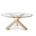 Modern Round Glass Top Coffee Table With Wooden Cross Legs Design