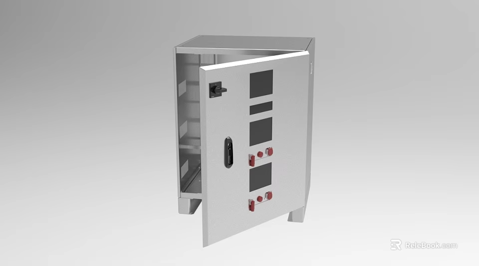 Industrial Electrical Metal Control Cabinet With Open Door And Red Buttons 3d model 