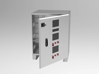 Industrial Electrical Metal Control Cabinet With Open Door And Red Buttons 3d model