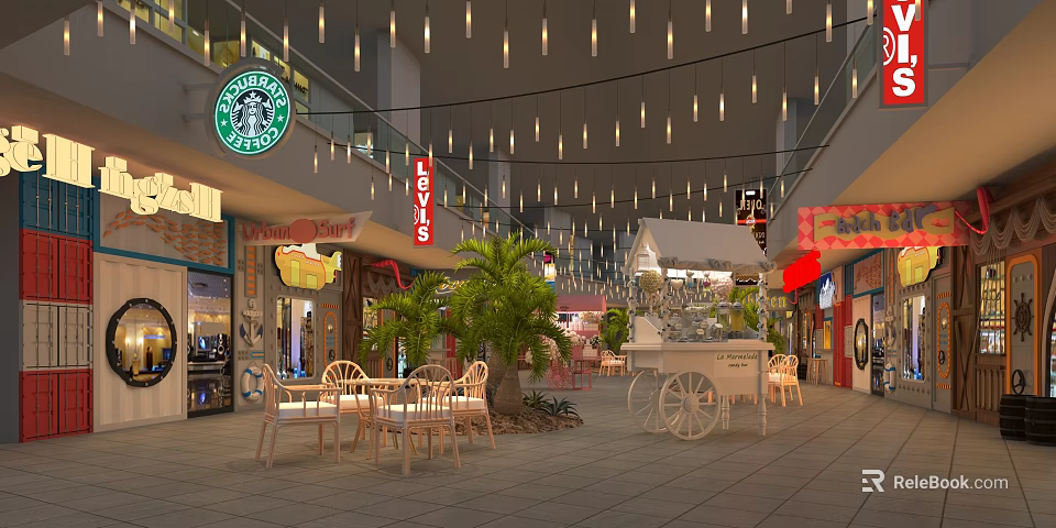 Commercial Shopping Mall With Starbucks Levis Stores Outdoor Seating Palm Trees And Carriage 3d model 