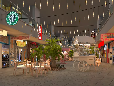 Commercial Shopping Mall With Starbucks Levis Stores Outdoor Seating Palm Trees And Carriage 3d model