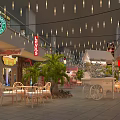 Commercial Shopping Mall With Starbucks Levis Stores Outdoor Seating Palm Trees And Carriage