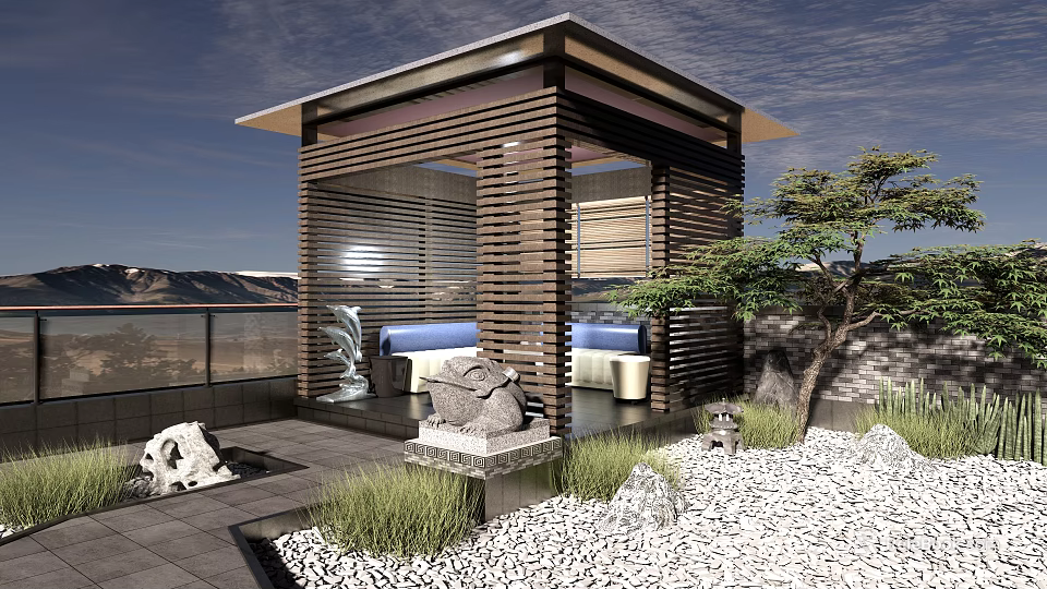Modern Garden Pavilion With Open Wooden Structure Stone Plants And Water Feature 3d model 
