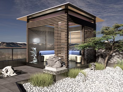 Modern Garden Pavilion With Open Wooden Structure Stone Plants And Water Feature 3d model