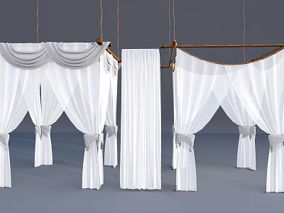 Elegant White Curtains With Different Styles Hanging On Bamboo Rods For Home Decoration 3d model