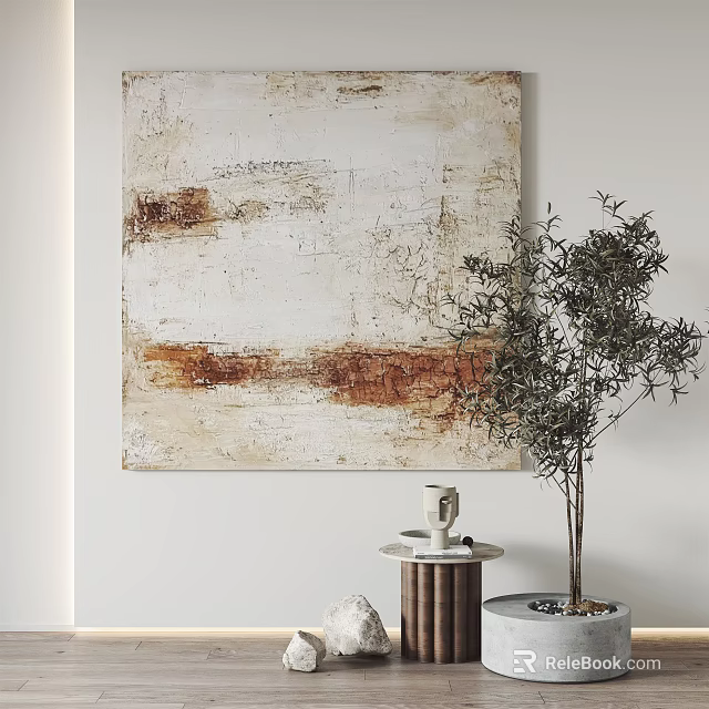 Abstract Wall Art With Olive Tree And Sculpture In Modern Interior 3d model