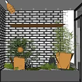 Indoor Landscape With White Brick Wall Green Plants Round Lamps Black Planter And Gray Marble