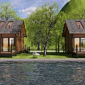 Rustic Wooden Guesthouses by Waterfront with Trees Large Windows and Decks