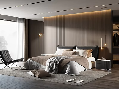 Modern Bedroom Interior With Wooden Panel Wall King Size Bed Nightstand And Area Rug 3d model