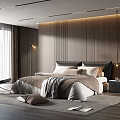Modern Bedroom Interior With Wooden Panel Wall King Size Bed Nightstand And Area Rug