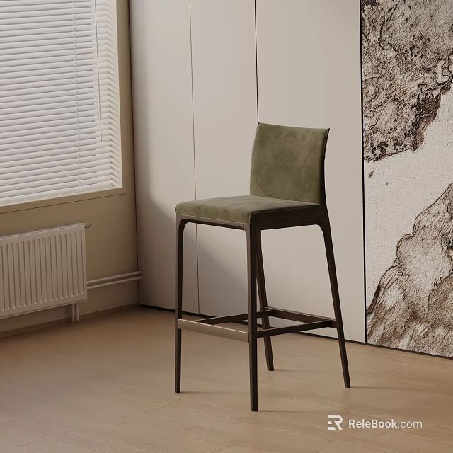 Green Upholstered Bar Stool With Tall Back Wooden Legs Near Window Blinds Light Wall 3d model 