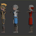 Four 3D Characters In Various Armored Costumes Standing With Extended Arms