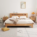 Wooden Modern Double Bed with White Sheets Bedside Shelf Nightstand Lamp Potted Plant Natural Light