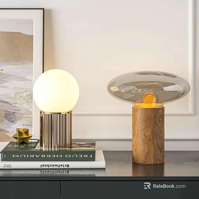 Modern Table Lamps with Metal Wooden Bases White Globe Clear Shades Star Decor and Books 3d model 