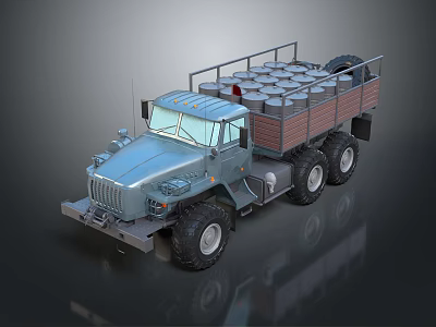 Military Transport Truck With Gray Exterior Open Bed And Metal Drums Loaded 3d model