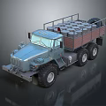 Military Transport Truck With Gray Exterior Open Bed And Metal Drums Loaded