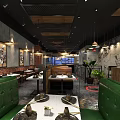 Modern Industrial Restaurant Interior Design With Open Seating Area Wooden Metal Ceiling And Hanging Lamps