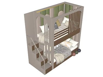 Modern Bunk Bed Design With Staircase Mattresses Pillows And Decorative Balls 3d model