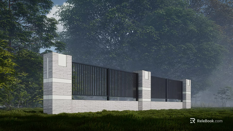 Contemporary Landscape Wall With Brick Columns And Slatted Screens In Green Garden 3d model 
