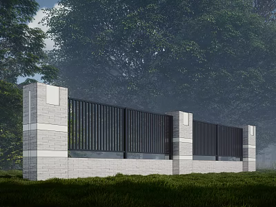 Contemporary Landscape Wall With Brick Columns And Slatted Screens In Green Garden 3d model
