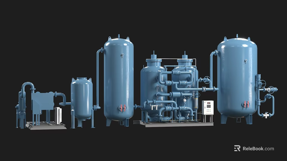 Multiple Blue Industrial Equipment with Tanks Pipes Valves and Control Panels Setup 3d model 