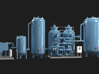 Multiple Blue Industrial Equipment with Tanks Pipes Valves and Control Panels Setup 3d model