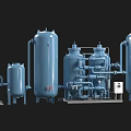 Multiple Blue Industrial Equipment with Tanks Pipes Valves and Control Panels Setup