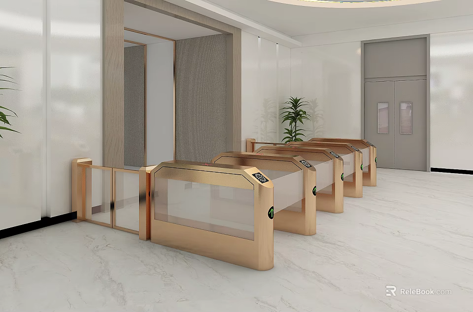 Modern Public Facility With Golden Turnstiles And Glass Barriers In Spacious Lobby 3d model 