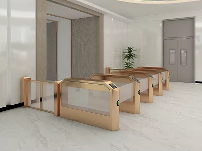 Modern Public Facility With Golden Turnstiles And Glass Barriers In Spacious Lobby 3d model