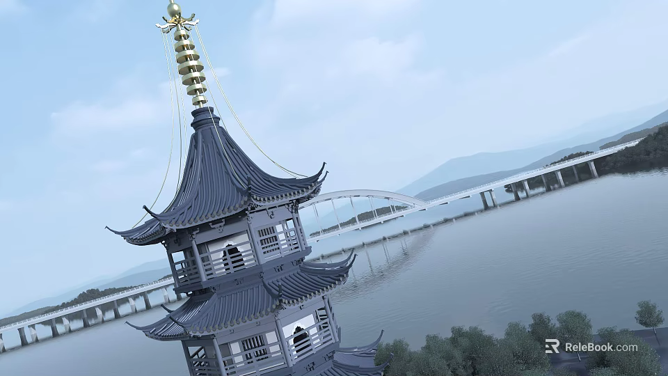Traditional Chinese Multi tiered Tower With Black Roof Golden Spire By Lake Bridge And Hills 3d model 