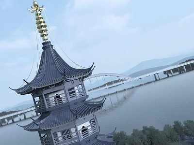 Traditional Chinese Multi tiered Tower With Black Roof Golden Spire By Lake Bridge And Hills 3d model