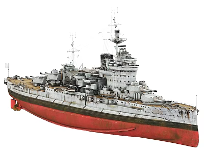 Vintage Battleship Warship With Red Bottom Green Midsection White Upper Hull Turrets And Masts 3d model