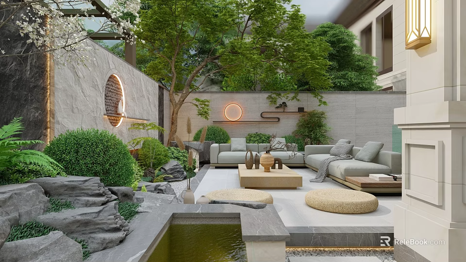 Modern Courtyard Water Fountain With Green Plants Stones Round Lights And Cozy Sofa Seating 3d model 