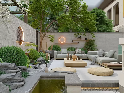Modern Courtyard Water Fountain With Green Plants Stones Round Lights And Cozy Sofa Seating 3d model