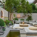 Modern Courtyard Water Fountain With Green Plants Stones Round Lights And Cozy Sofa Seating