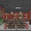 Traditional Hot Pot Restaurant Interior With Red Lanterns And Dining Tables Setup 3d model