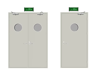 Fire And Exit Doors With Circular Windows And Green Signs For Safety 3d model