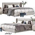 Modern Double Bed With White Gray Bedding Plush Pillows Nightstand Green Plant And Blue Toy